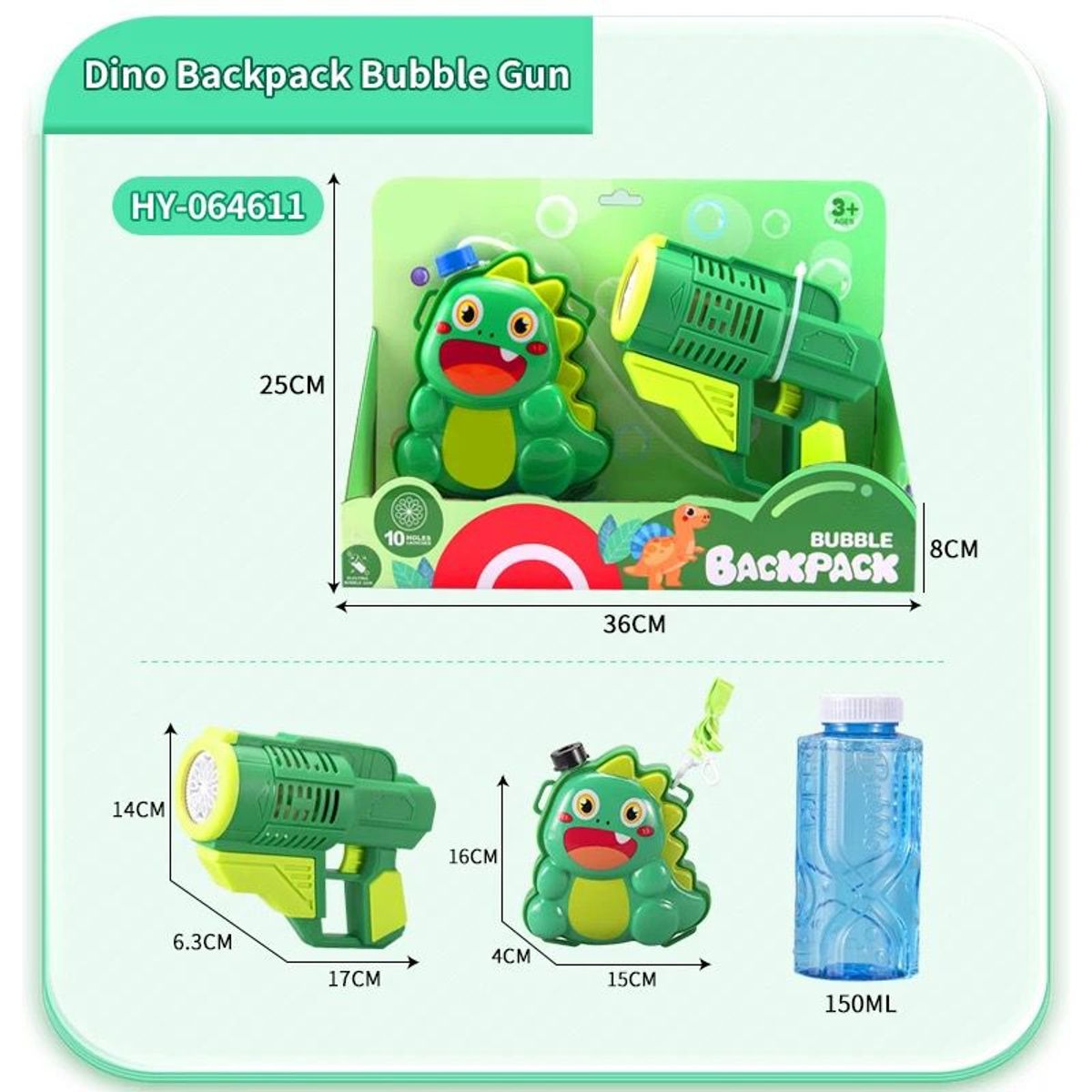 GENERICO - Pack Pistola Mochila Lanza Burbujas - Dinosaurio - Verde