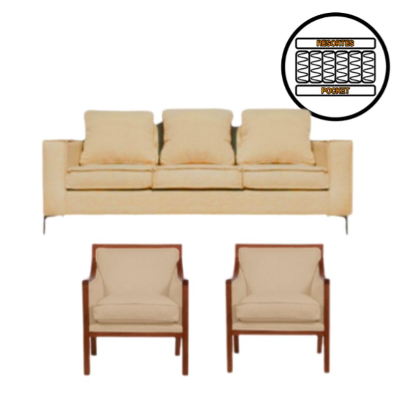 SITIAL HOME - LIVING 311, URBAN BEIGE SOFA  3 C RESORTES MAS 2 SITIALES MADERA