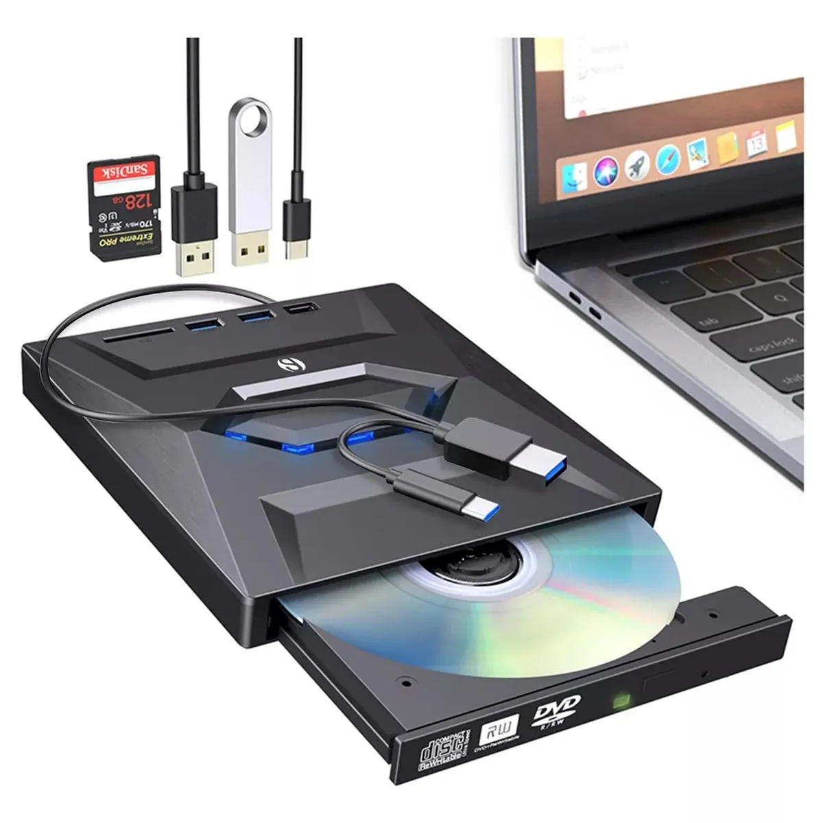 KUANGYE - Grabador Dvdcd Externo Lector Usb Type C Con Sdtf Puerto