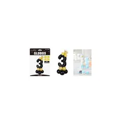 GENERICO - Set Globos De Número 3 Negro Con Corona 16pcs
