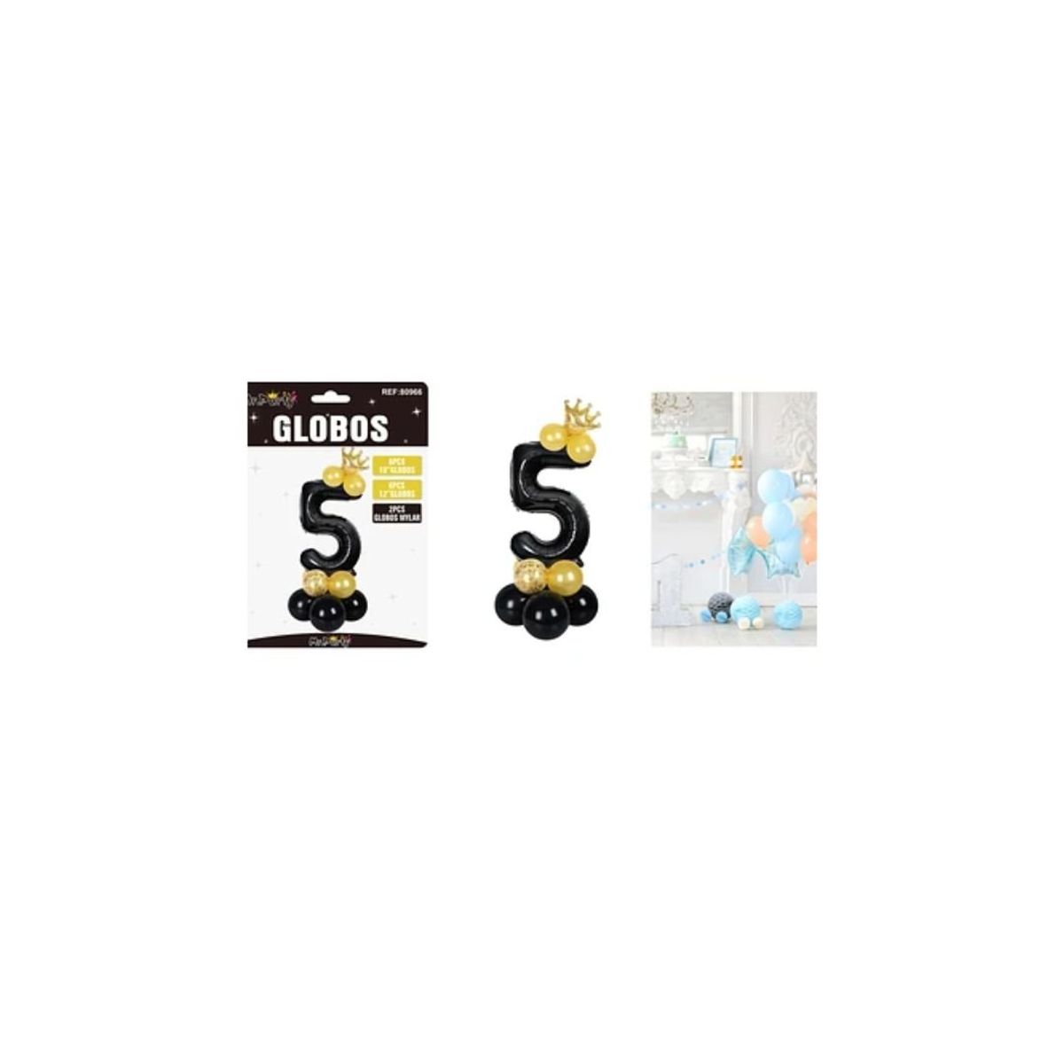 GENERICO - Set Globos De Número 5 Negro Con Corona 16pcs