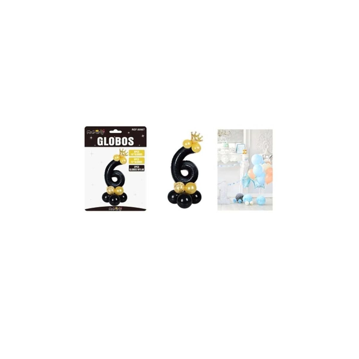 GENERICO - Set Globos De Número 6 Negro Con Corona 16pcs