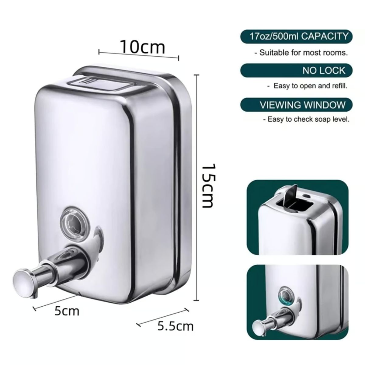 KUANGYE - Dispensador jabón 15x10 cm Acero Inox 500 Ml Color Plateado