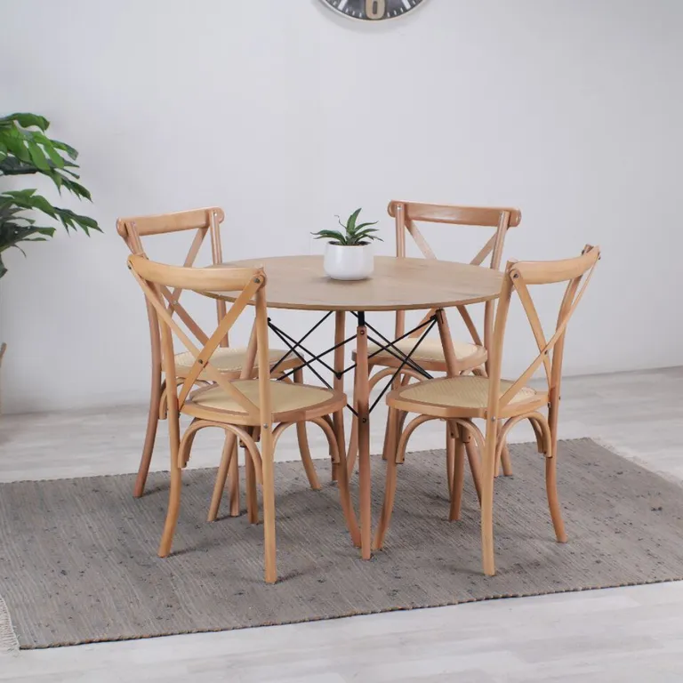 Comedor Redondo Shanna 100cm + 4 Sillas Crossback - Madera Ratan Madera clara COMSHANNA1004SILLASCROSSBACKMADERA