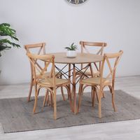 Comedor Redondo Shanna 100cm + 4 Sillas Crossback - Madera Ratán