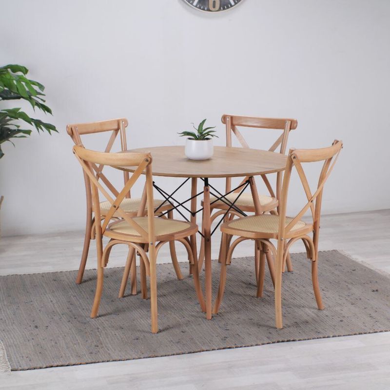 PANDALINO - Comedor Redondo Shanna 100cm + 4 Sillas Crossback - Madera Ratán