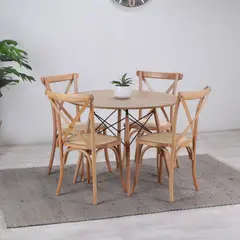 PANDALINO - Comedor Redondo Shanna 100cm + 4 Sillas Crossback - Madera Ratán