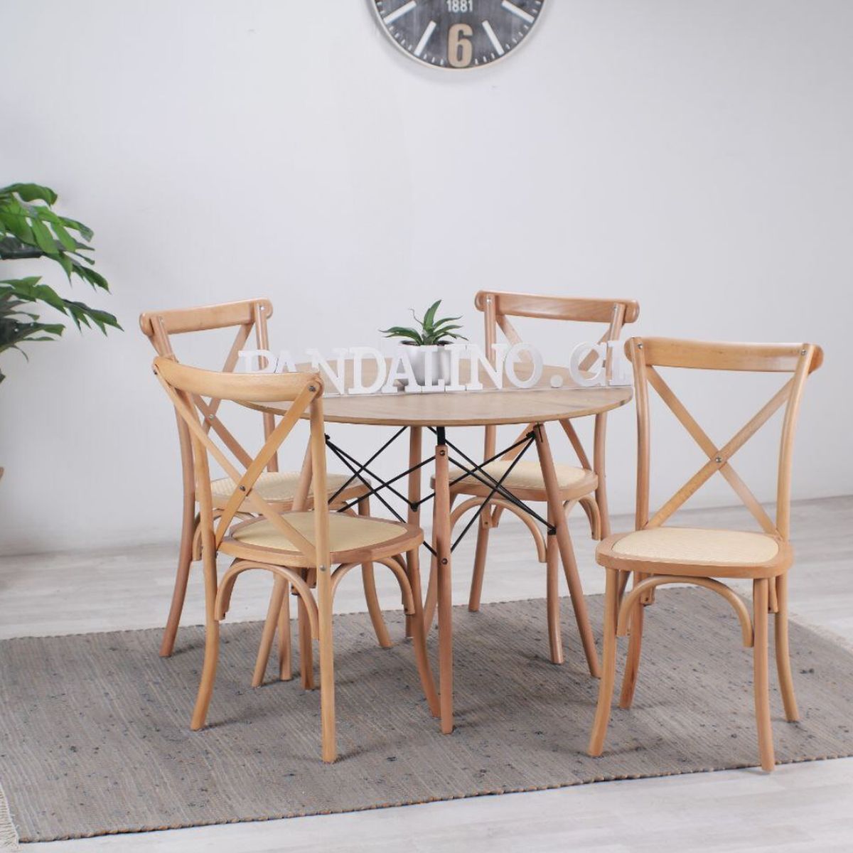PANDALINO - Comedor Redondo Shanna 100cm + 4 Sillas Crossback - Madera Ratán