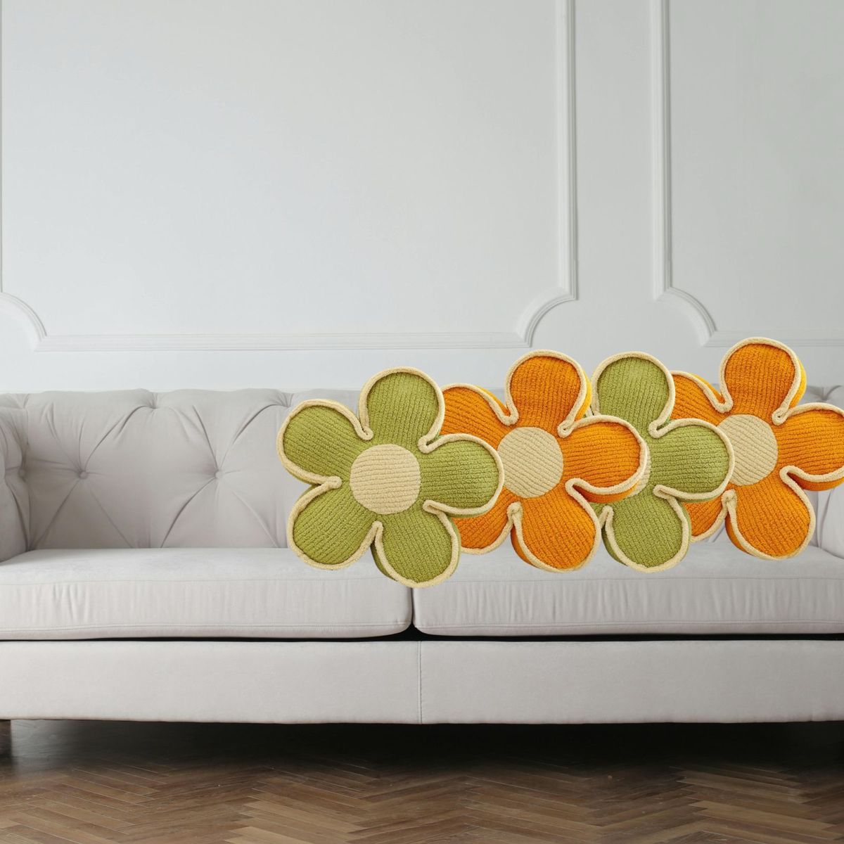 GENERICO - SET DE 4 COJINES DISEÑO FLOR COLOR NARANJA/VERDE