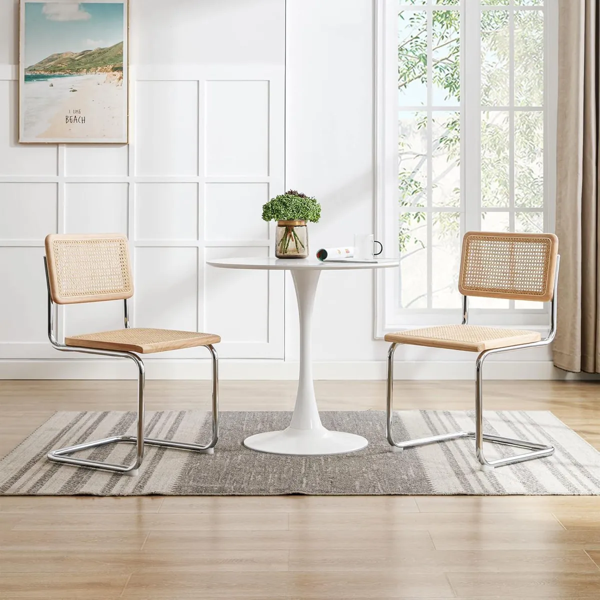 PANDALINO - Comedor Moderno Mesa Tulip 80cm + 2 Sillas Voladiza - Ratán Natural