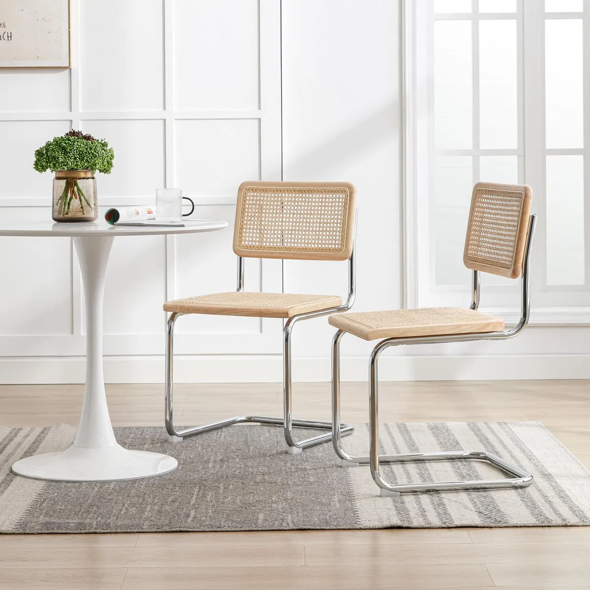 PANDALINO - Comedor Moderno Mesa Tulip 80cm + 2 Sillas Voladiza - Ratán Natural