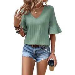 RURUTOTO - Blusa manga corta De volantes para mujer Azul