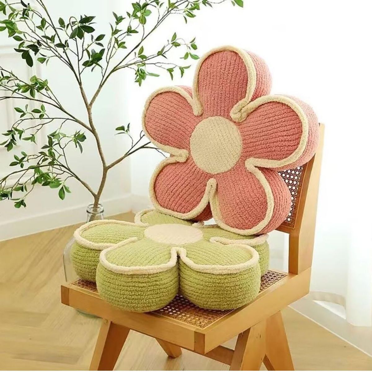 GENERICO - SET DE 2 COJINES DISEÑO FLOR COLOR ROSADOVERDE