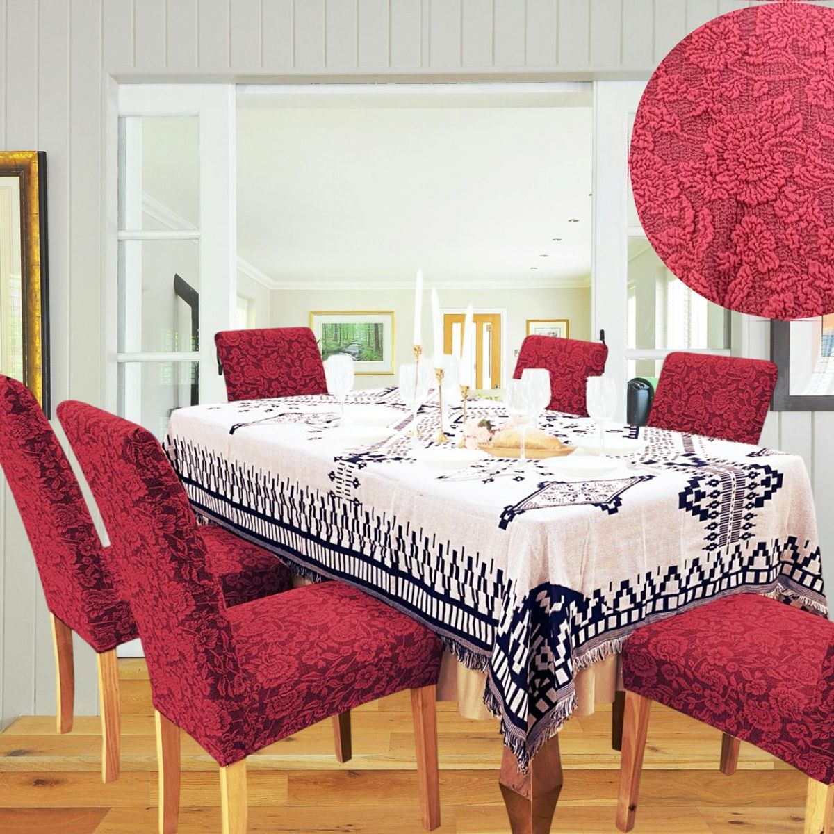 GENERICO - PACK DE 6 FUNDAS CUBRE SILLAS DE COMEDOR FLORES BURDEO