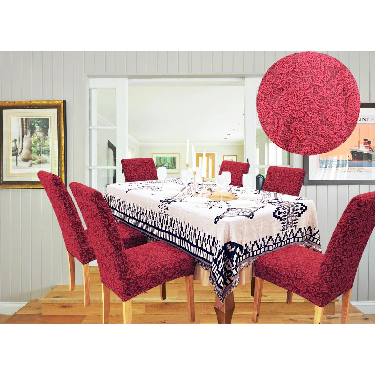 GENERICO - PACK DE 6 FUNDAS CUBRE SILLAS DE COMEDOR FLORES BURDEO