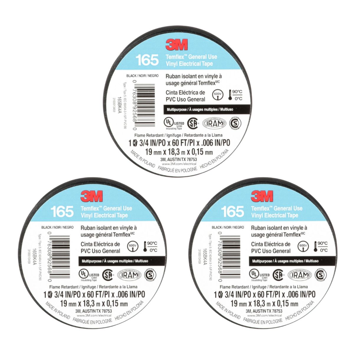 3M - Pack 3 Cintas Eléctricas de PVC 19 mm x 18,3 m x 0,15 mm