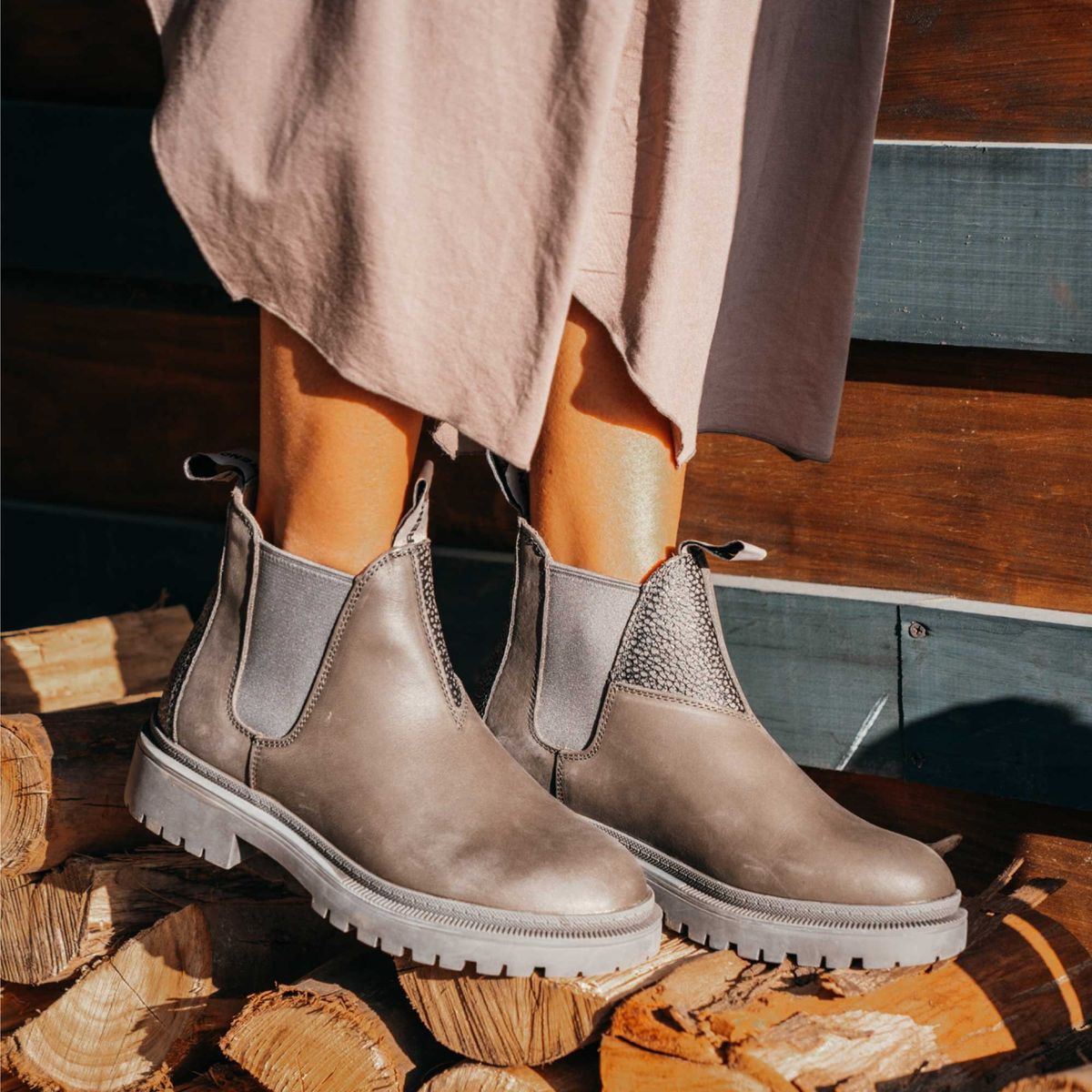 RENOX - Botín Cuero Chelsea Mujer Renox Gris Outdoor Antideslizante