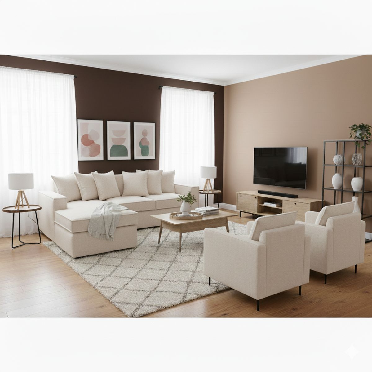 SITIAL HOME - Living 311 Manhattan Blanco Hueso Seccional + 2 Poltronas Resortes