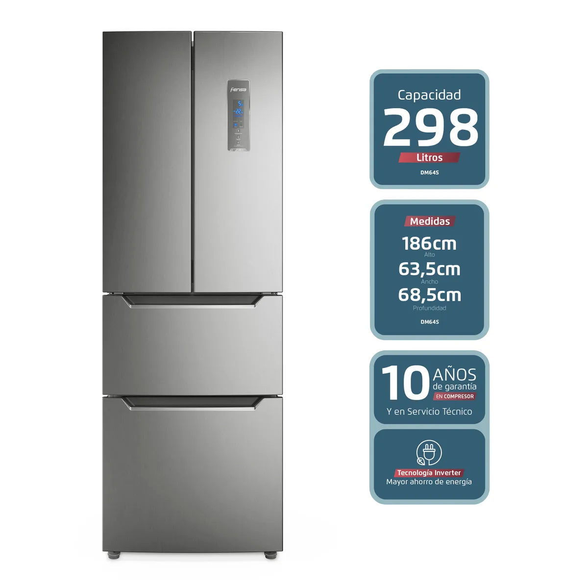 FENSA - Refrigerador Fensa 298L No Frost 3 Puertas Inverter Cajón SuperFresh DM64S Inox