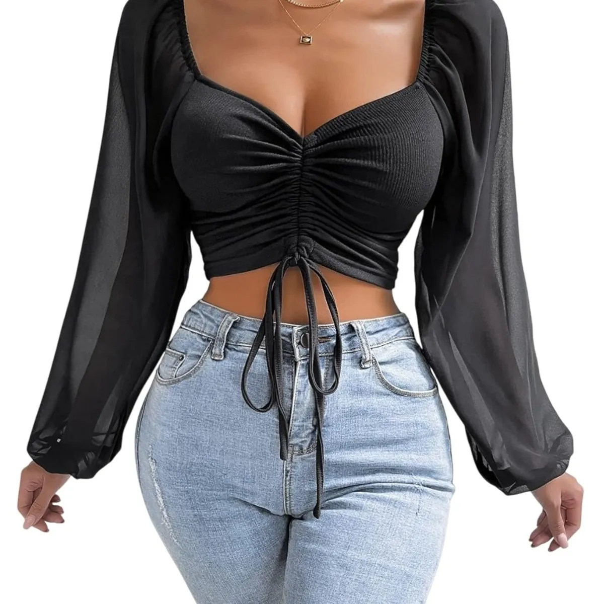 GARSIL - Crop Top Para Mujer Con Escote Corazon Y Manga Larga Translucida