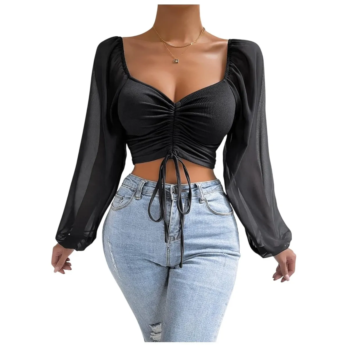 GARSIL - Crop Top Para Mujer Con Escote Corazon Y Manga Larga Translucida