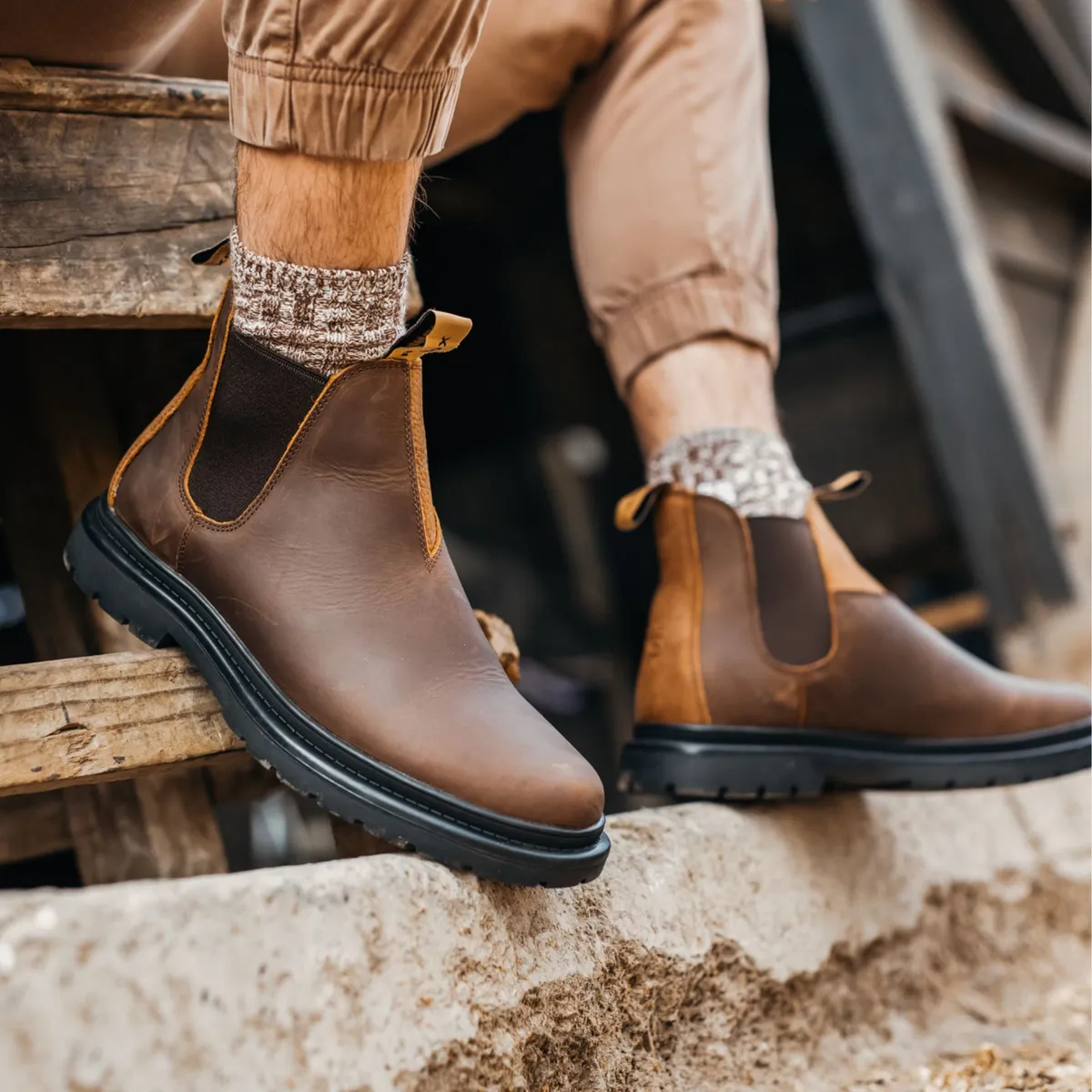 RENOX - Botín Cuero Chelsea Hombre Renox Café Antideslizante Original 2 Outdoor