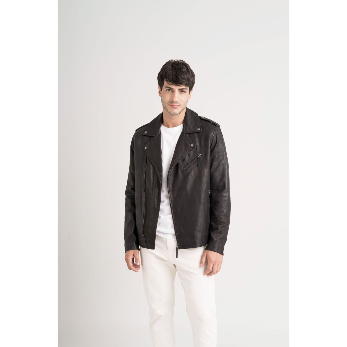 VELEZ - Vélez Chaqueta Biker Capri Cuero Hombre Semi Ajustada Negro