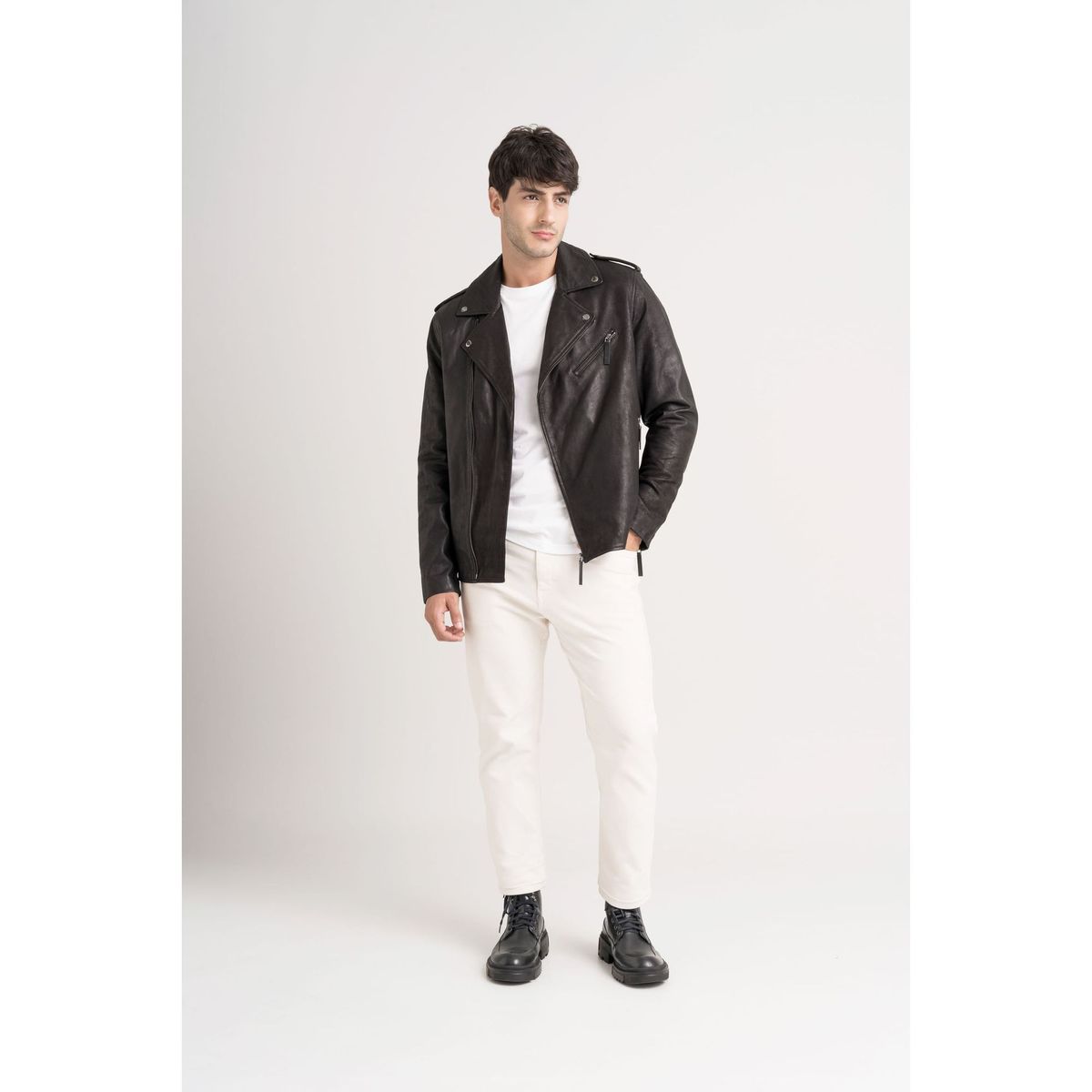 VELEZ - Vélez Chaqueta Biker Capri Cuero Hombre Semi Ajustada Negro