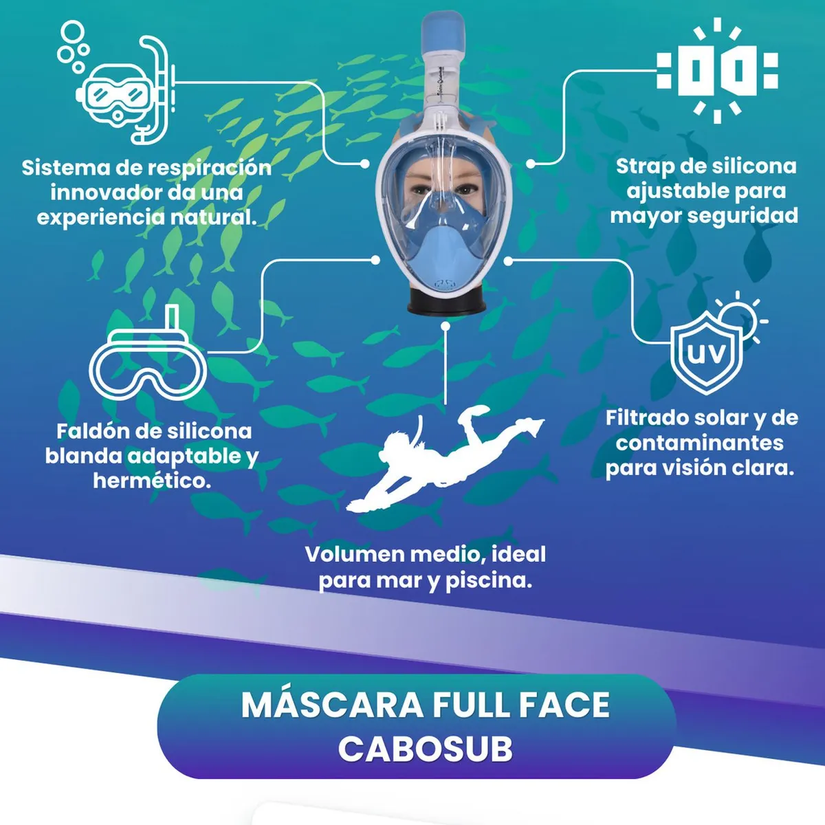 CABOSUB - Máscara Full Face Gopro - Celeste LXL