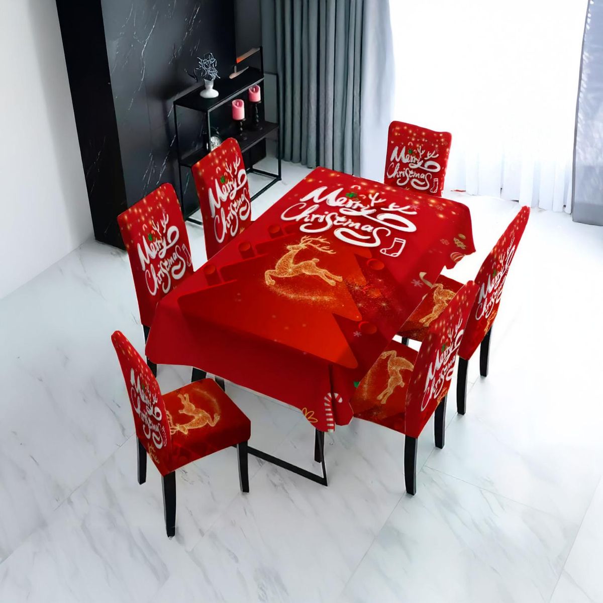 GENERICO - Mantel navideño arbol de navidad + 6 Fundas para sillas elasticadas