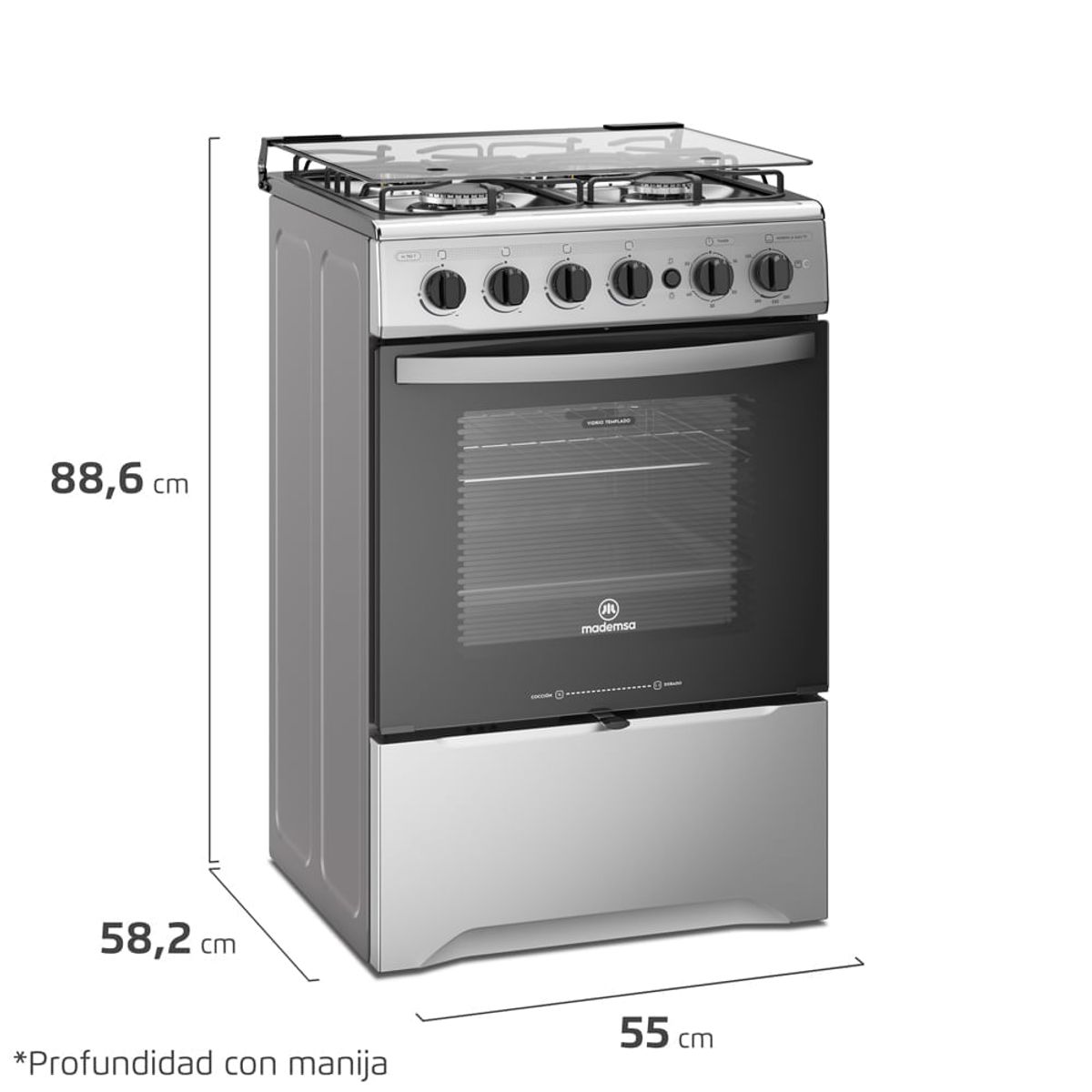 MADEMSA - Cocina a Gas 4 Platos Mademsa con LimpiaFácil y Grill Eléctrico M 785 T Inox
