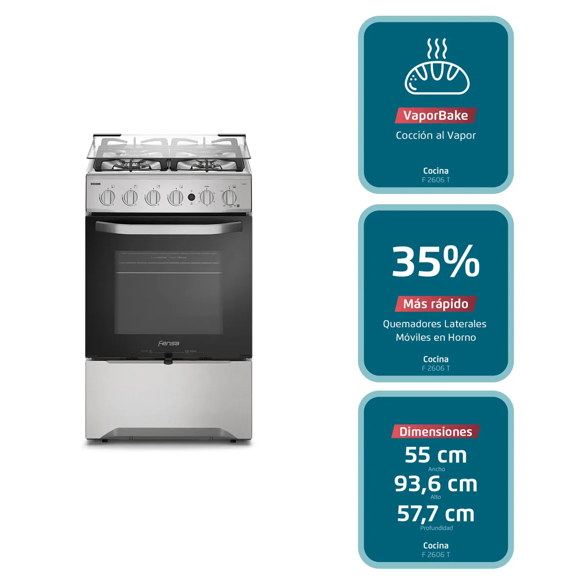 FENSA - Cocina a Gas 4 Platos Fensa VaporBake y Timer F 2606 T