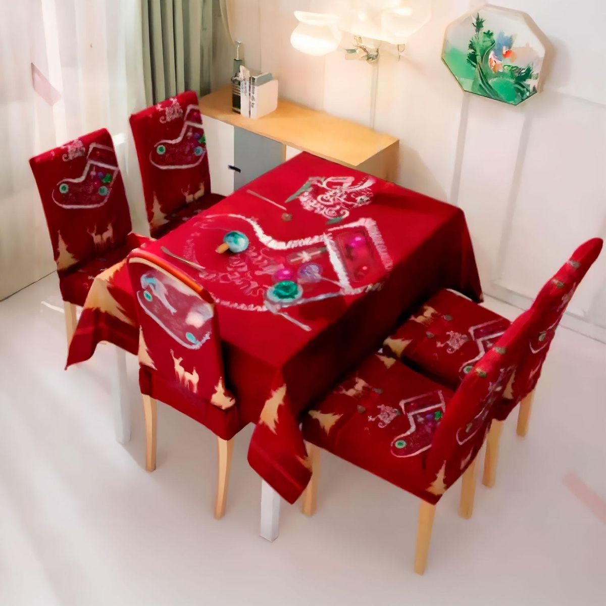 GENERICO - Mantel Bota Navideña + 6 Fundas para sillas elasticadas