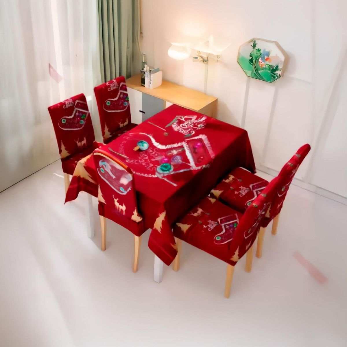 GENERICO - Mantel Bota Navideña + 6 Fundas para sillas elasticadas