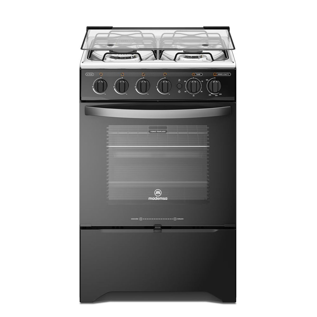 MADEMSA - Cocina a Gas 4 Platos LimpiaFácil y Timer M 775 BT Negra