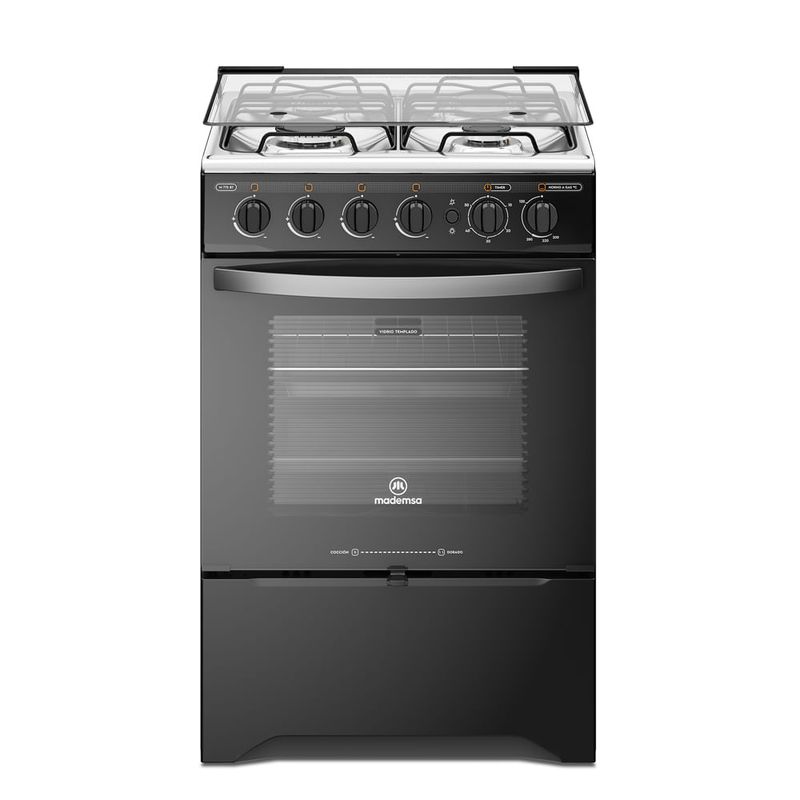 MADEMSA - Cocina a Gas 4 Platos LimpiaFácil y Timer M 775 BT Negra