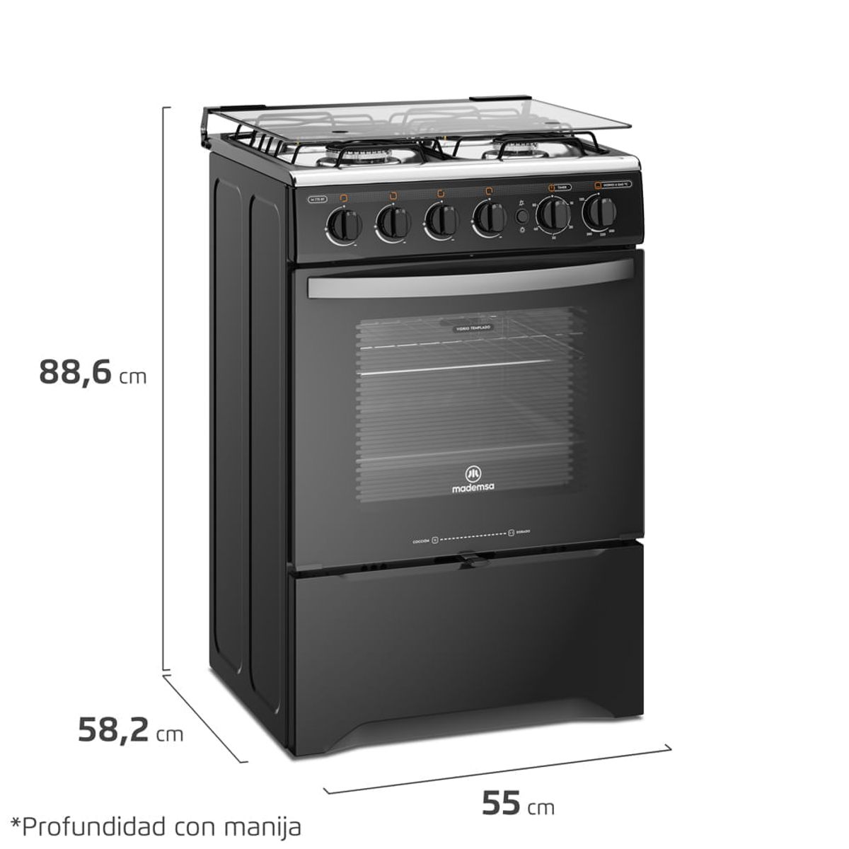 MADEMSA - Cocina a Gas 4 Platos LimpiaFácil y Timer M 775 BT Negra