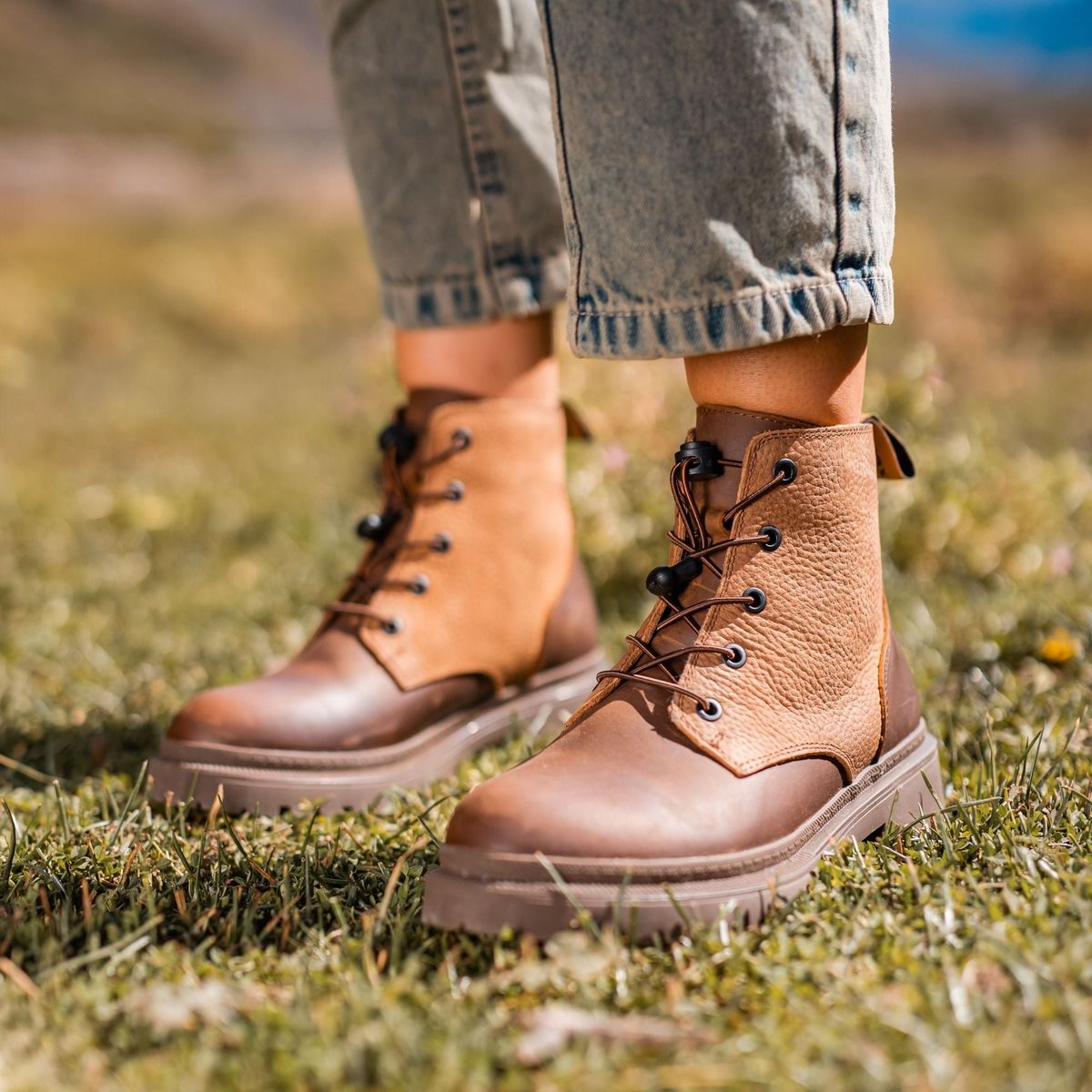 RENOX - Botín Cuero Mujer Renox Café Cordón Outdoor Antideslizante Outdoor