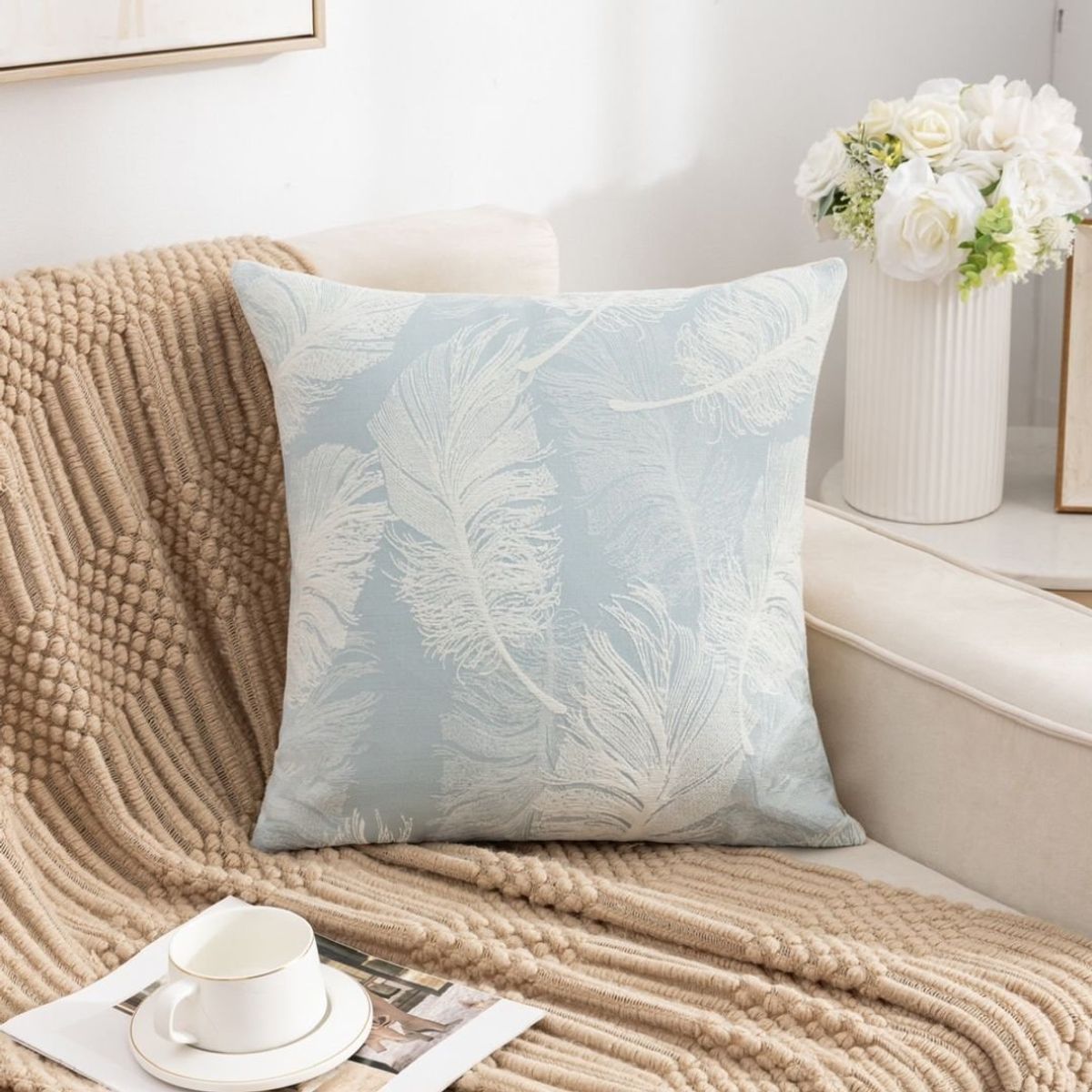 GENERICO - Pack Fundas de Cojín 45 x 45 cm - Plumas Azules