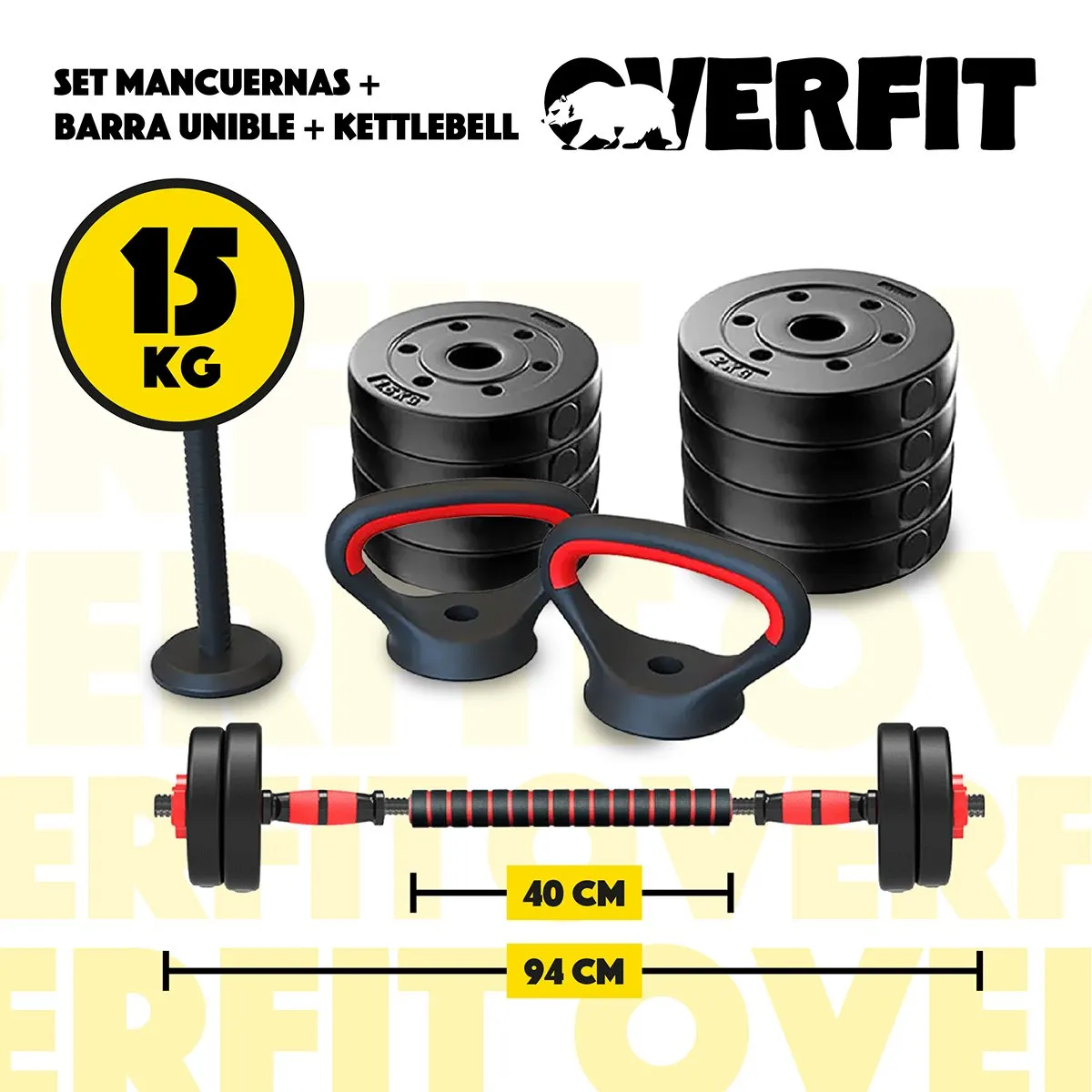OVERFIT - Set Mancuernas + Barra + Kettlebell Unibles Overfit 15kg