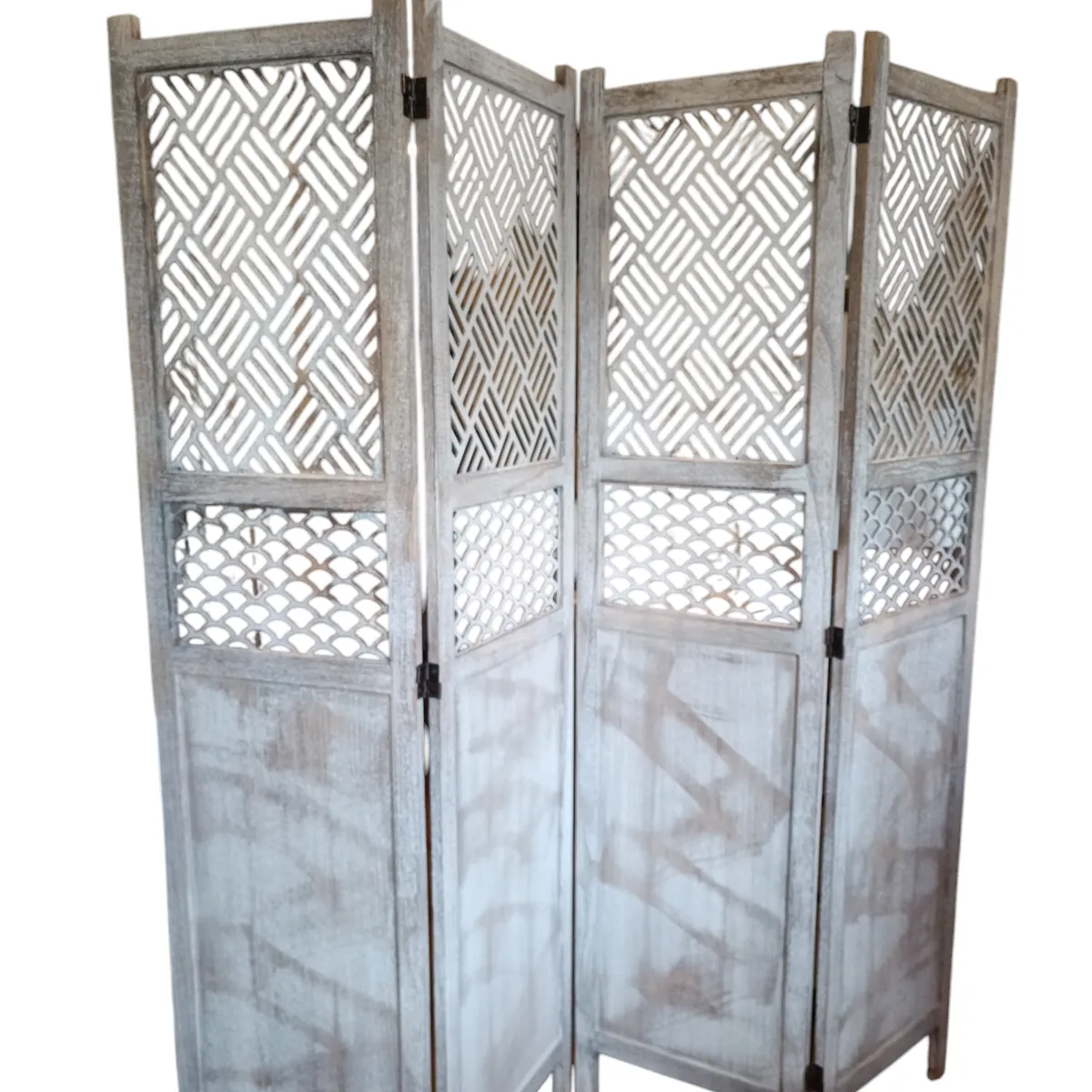 GENERICO - BIOMBO DE MADERA 4 CUERPOS COLOR DECAPADO GRIS ANTIGUO