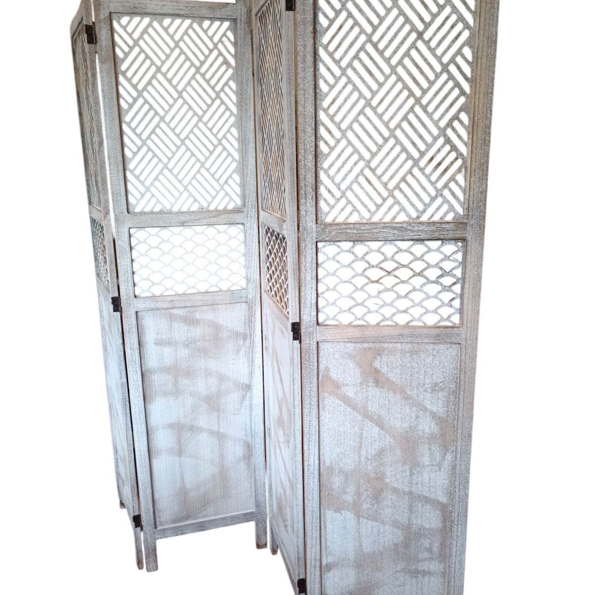 GENERICO - BIOMBO DE MADERA 4 CUERPOS COLOR DECAPADO GRIS ANTIGUO