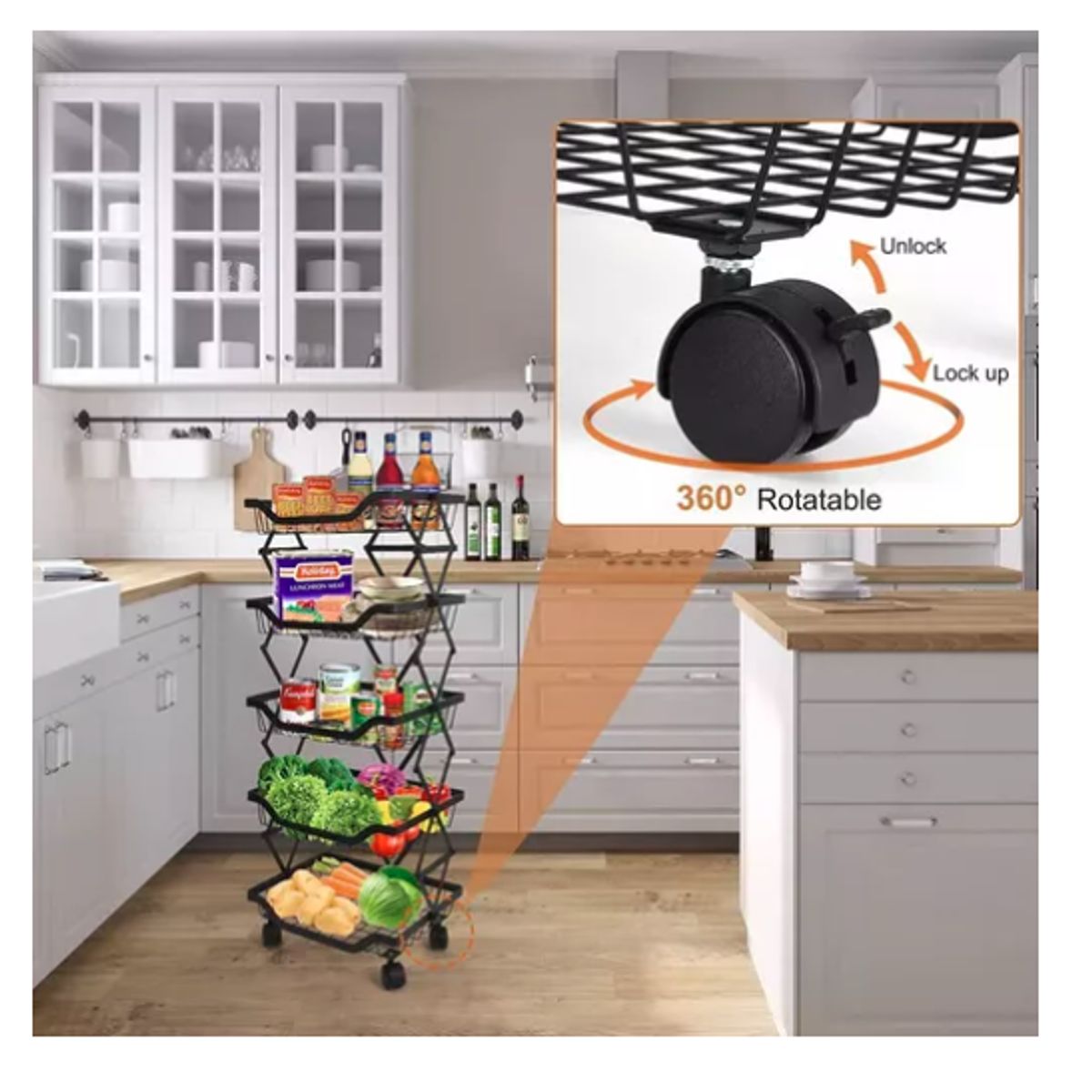 GENERICO - Carrito Verdulero Organizador 5 Cestas Estante Metálico Gira