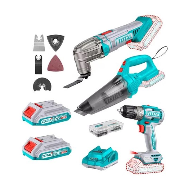 TOTAL TOOLS - Kit Taladro+ Aspiradora+ Herramienta Oscilante Multiuso 20v