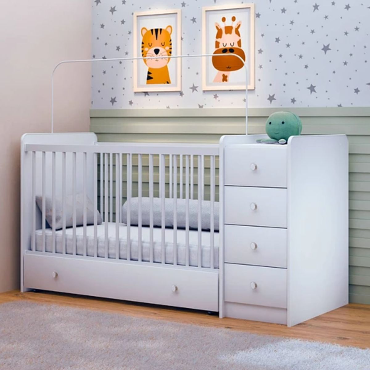 KIDSCOOL - Cuna Con Comoda Y Cajonera Top Baby Blanca