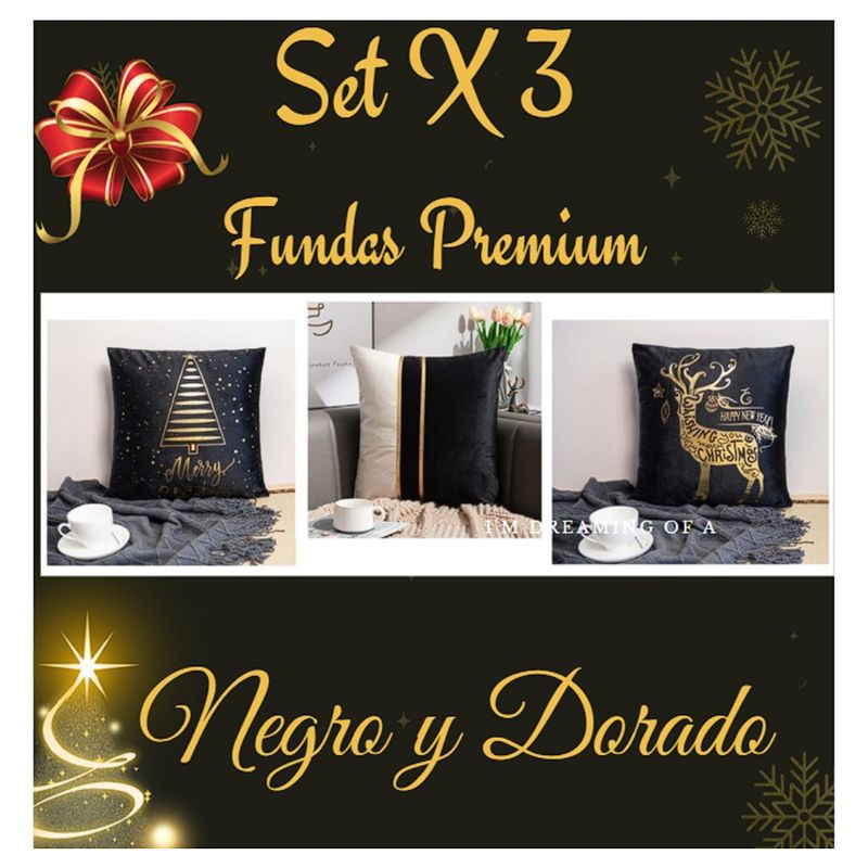 COMPRAPO - Set X 3 Fundas Cojín Navidad Premium Negro y Dorado 45x45 Cm.