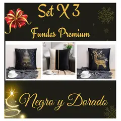 COMPRAPO - Set X 3 Fundas Cojín Navidad Premium Negro y Dorado 45x45 Cm.