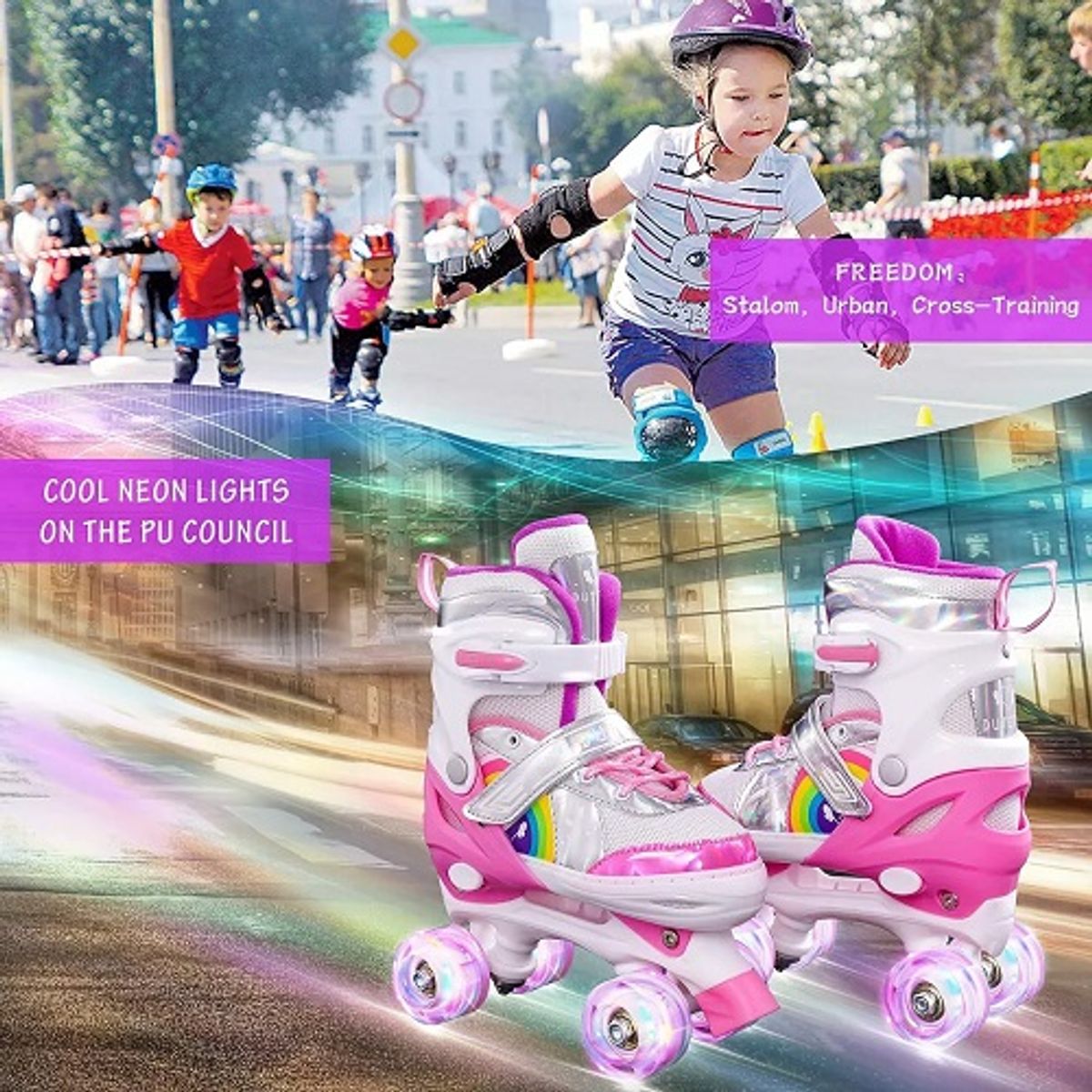 UNIBAG - Kit Patines Niña Principiante Led Con Protecciones 4 Ruedas