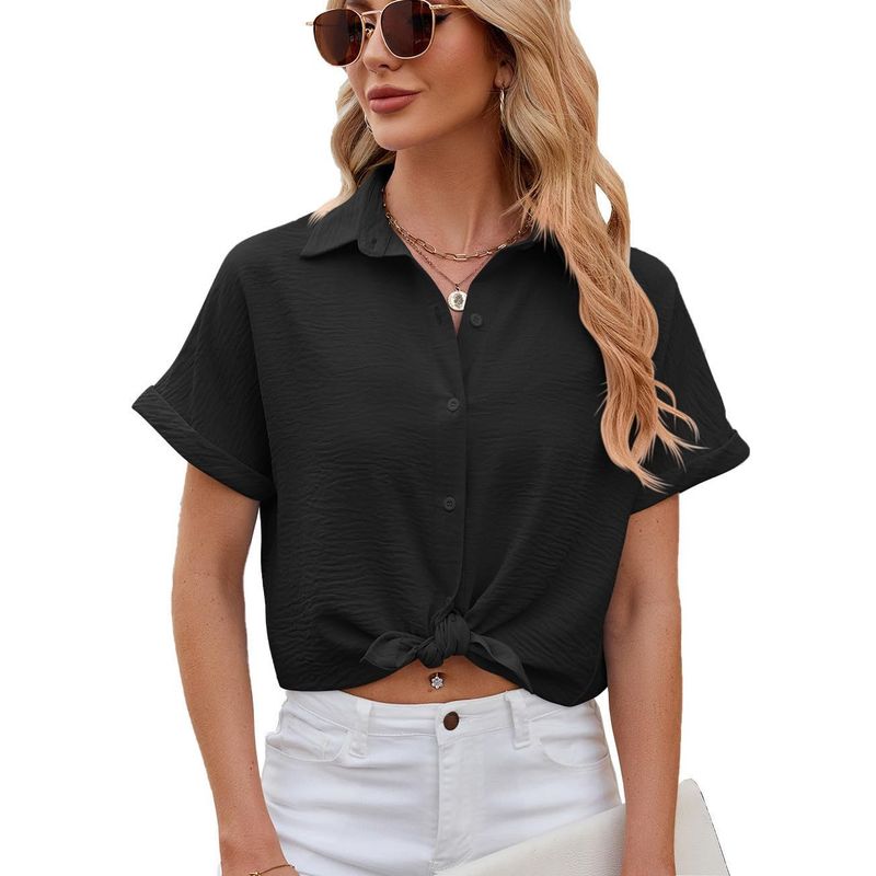 RURUTOTO - Blusa Manga Corta Gasa Mujer Negro