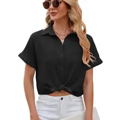 RURUTOTO - Blusa Manga Corta Gasa Mujer Negro